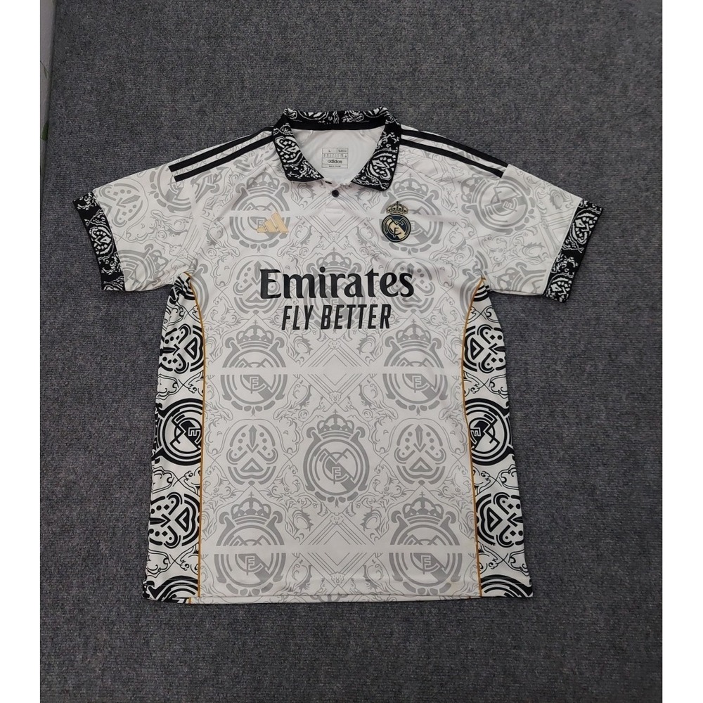 Adidas Real Madrid Emirates Polo Jersey Mens Large Slim Fit White Black '23-24